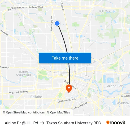 Airline Dr @ Hill Rd to Texas Southern University REC map