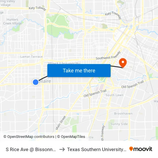 S Rice Ave @ Bissonnet St to Texas Southern University REC map