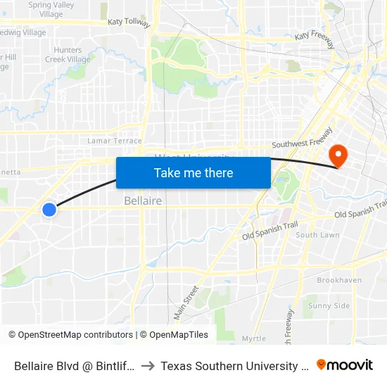 Bellaire Blvd @ Bintliff Dr to Texas Southern University REC map