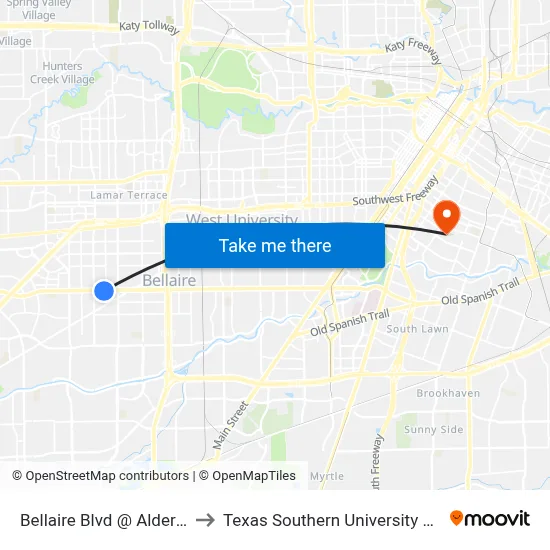 Bellaire Blvd @ Alder Dr to Texas Southern University REC map
