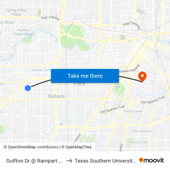 Gulfton Dr @ Rampart St MB to Texas Southern University REC map