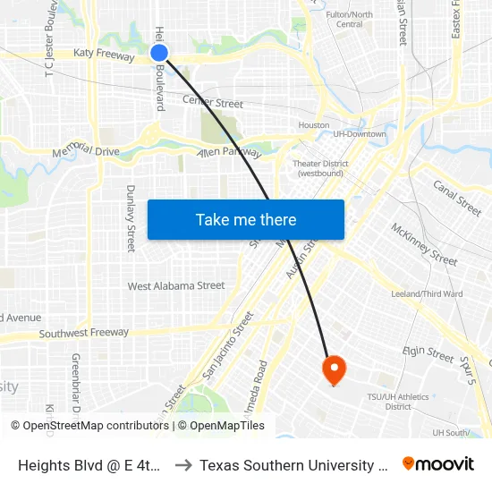 Heights Blvd @ E 4th St to Texas Southern University REC map