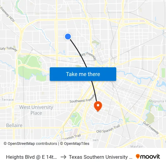 Heights Blvd @ E 14th St to Texas Southern University REC map