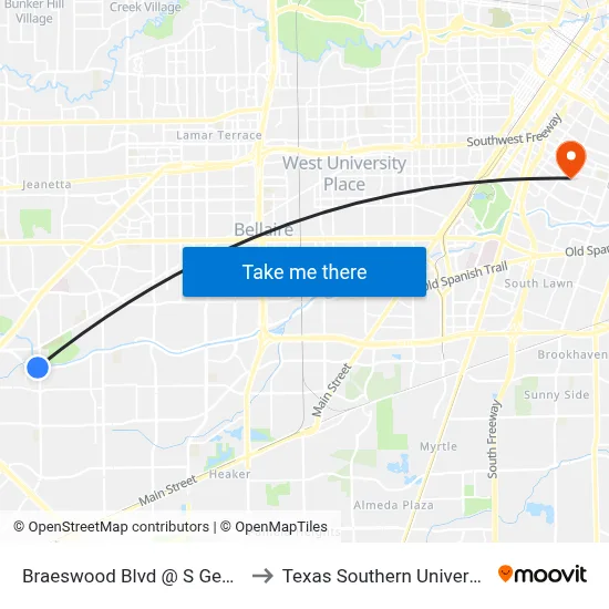 Braeswood Blvd @ S Gessner Rd to Texas Southern University REC map