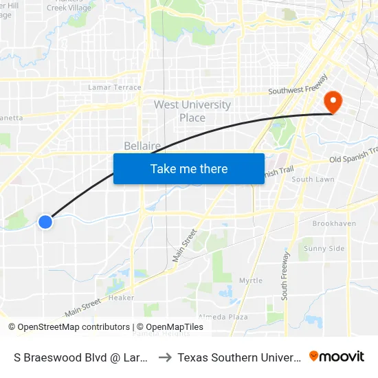 S Braeswood Blvd @ Larkwood Dr to Texas Southern University REC map