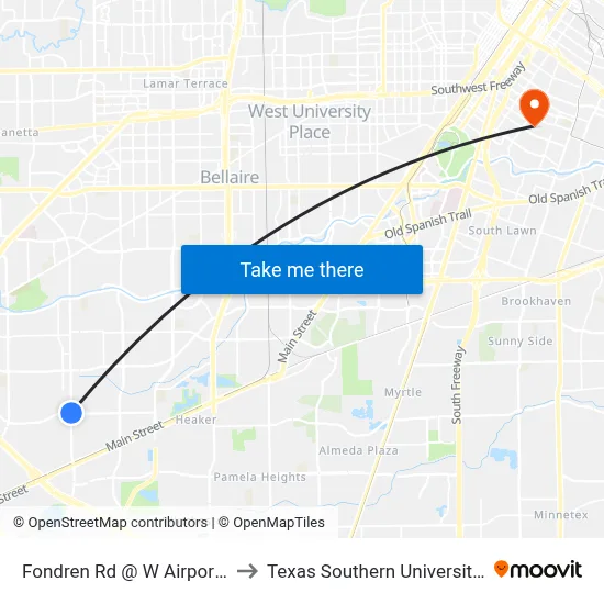 Fondren Rd @ W Airport Blvd to Texas Southern University REC map