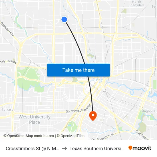 Crosstimbers St @ N Main St to Texas Southern University REC map