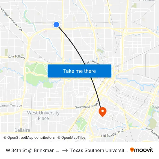 W 34th St @ Brinkman St MB to Texas Southern University REC map