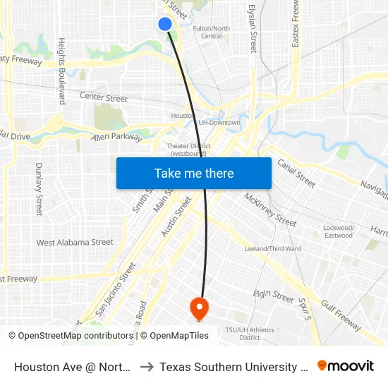 Houston Ave @ North St to Texas Southern University REC map