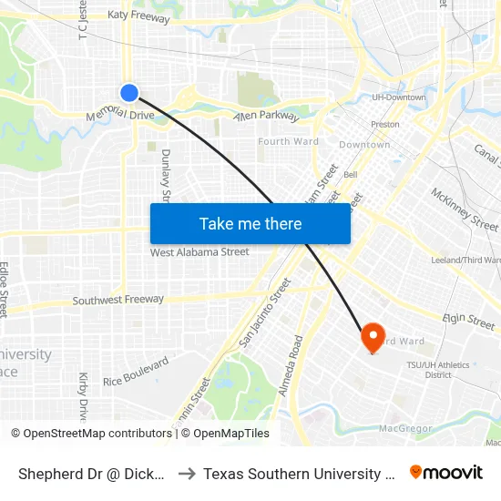 Shepherd Dr @ Dickson to Texas Southern University REC map