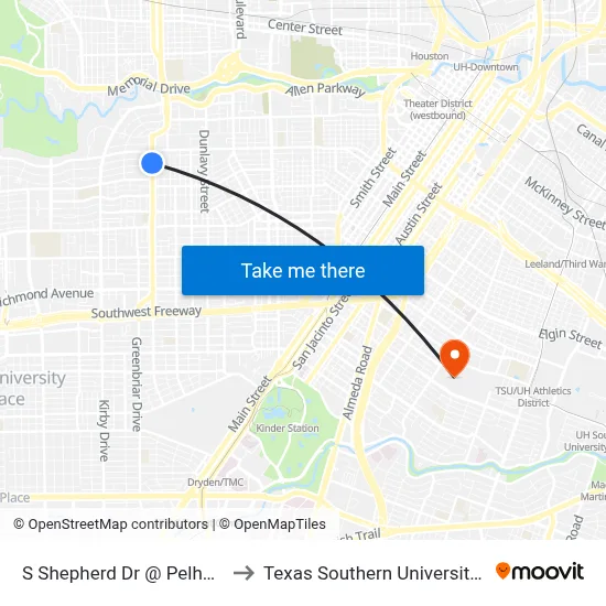 S Shepherd Dr @ Pelham Dr to Texas Southern University REC map