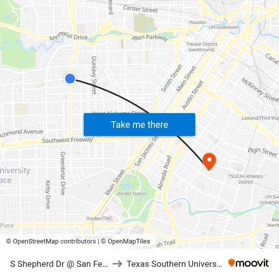 S Shepherd Dr @ San Felipe Rd to Texas Southern University REC map