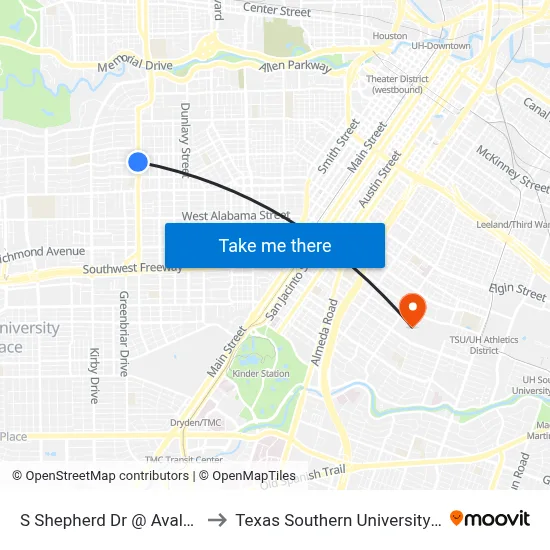 S Shepherd Dr @ Avalon Pl to Texas Southern University REC map