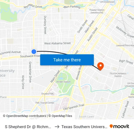 S Shepherd Dr @ Richmond Ave to Texas Southern University REC map