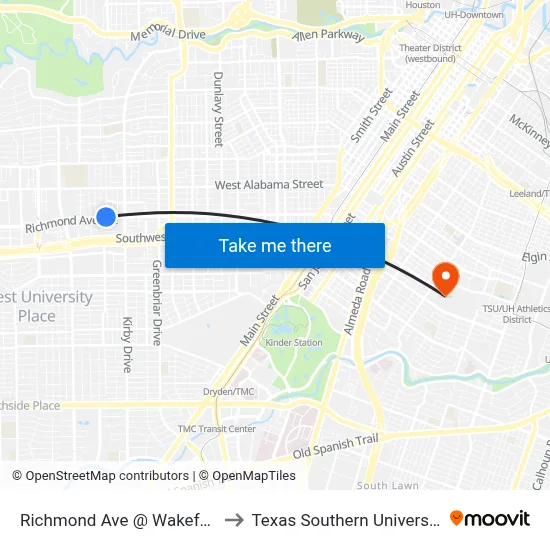 Richmond Ave @ Wakeforest St to Texas Southern University REC map