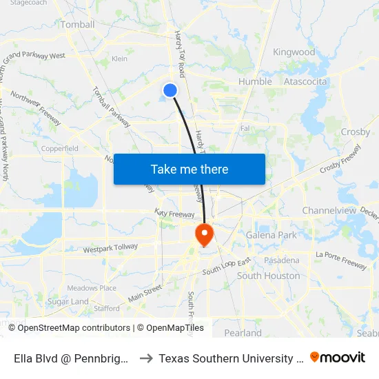 Ella Blvd @ Pennbright Dr to Texas Southern University REC map