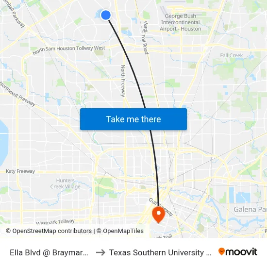 Ella Blvd @ Braymark Dr to Texas Southern University REC map