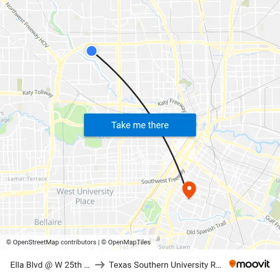 Ella Blvd @ W 25th St to Texas Southern University REC map