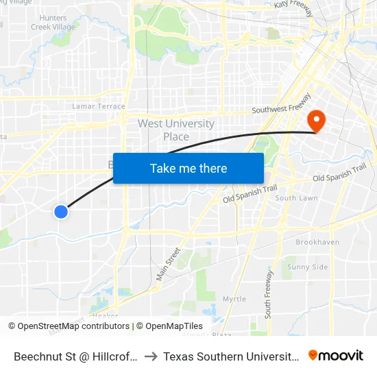 Beechnut St @ Hillcroft Ave to Texas Southern University REC map
