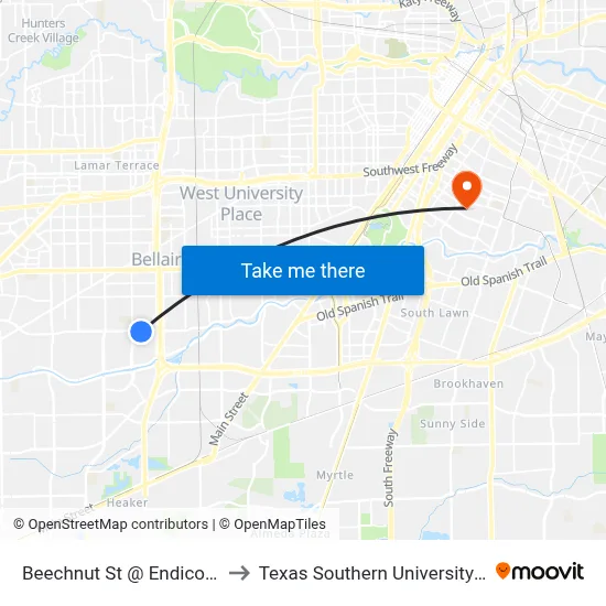 Beechnut St @ Endicott Ln to Texas Southern University REC map