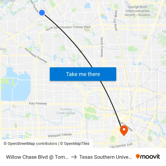 Willow Chase Blvd @ Tomball Pkwy to Texas Southern University REC map
