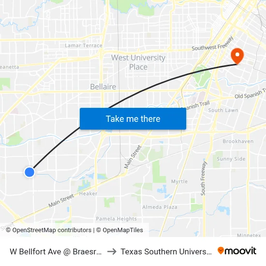 W Bellfort Ave @ Braesridge Dr to Texas Southern University REC map