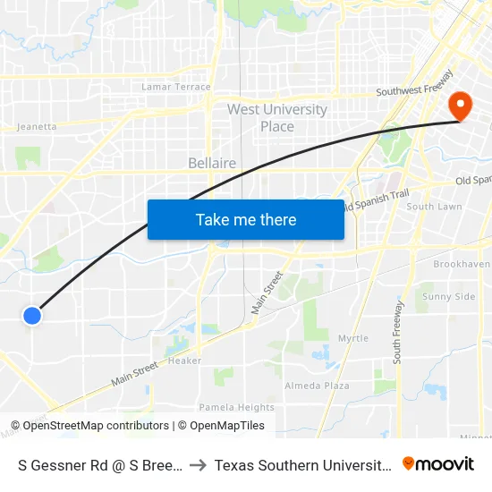 S Gessner Rd @ S Breeze St to Texas Southern University REC map
