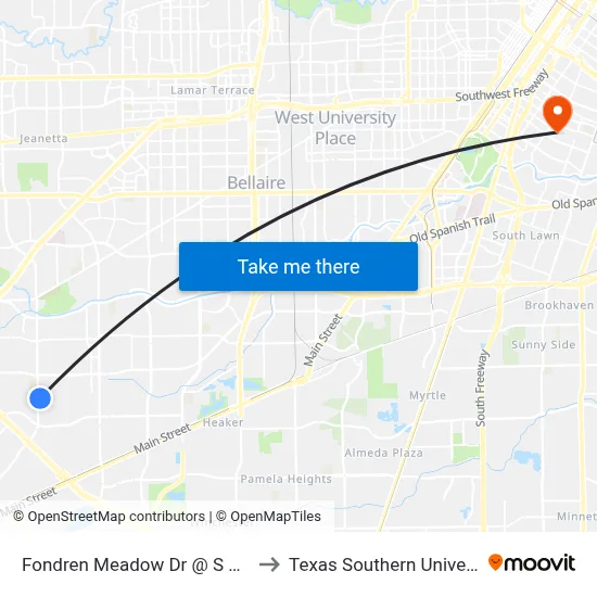 Fondren Meadow Dr @ S Gessner Rd to Texas Southern University REC map