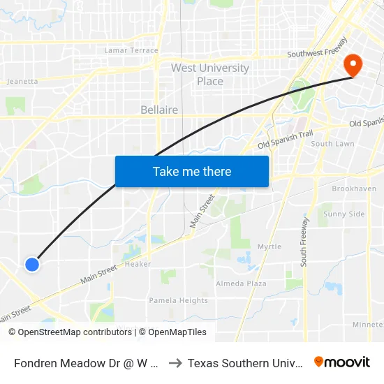 Fondren Meadow Dr @ W Airport Blvd to Texas Southern University REC map