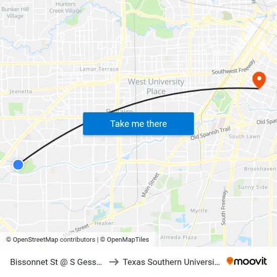 Bissonnet St @ S Gessner Rd to Texas Southern University REC map