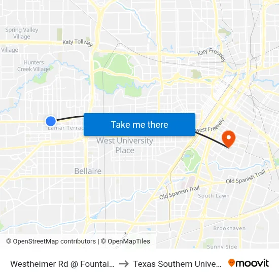 Westheimer Rd @ Fountain View Dr to Texas Southern University REC map