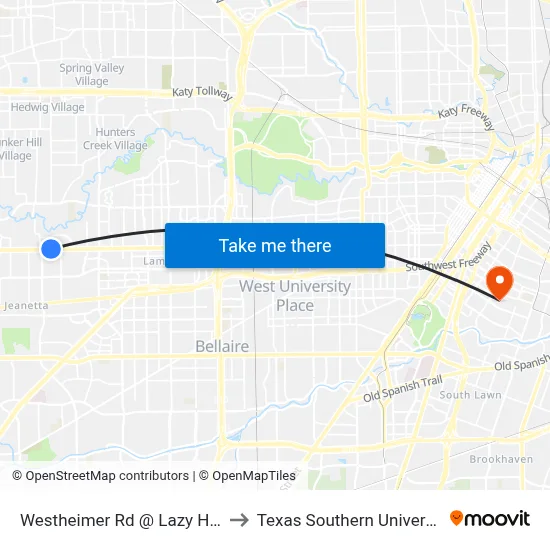 Westheimer Rd @ Lazy Hollow Dr to Texas Southern University REC map