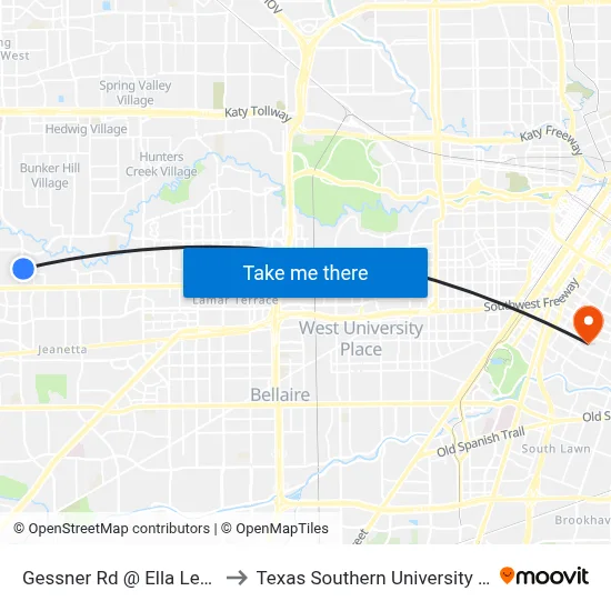 Gessner Rd @ Ella Lee Ln to Texas Southern University REC map