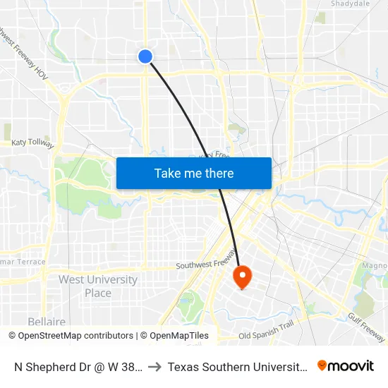N Shepherd Dr @ W 38th St to Texas Southern University REC map