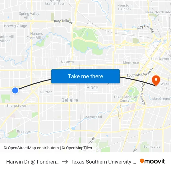 Harwin Dr @ Fondren Rd to Texas Southern University REC map