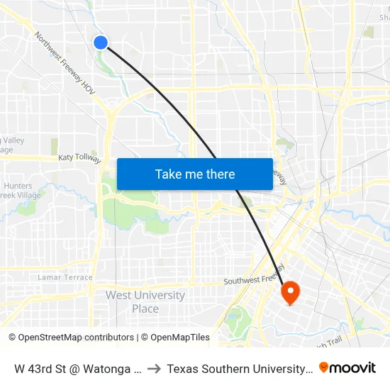 W 43rd St @ Watonga Blvd to Texas Southern University REC map