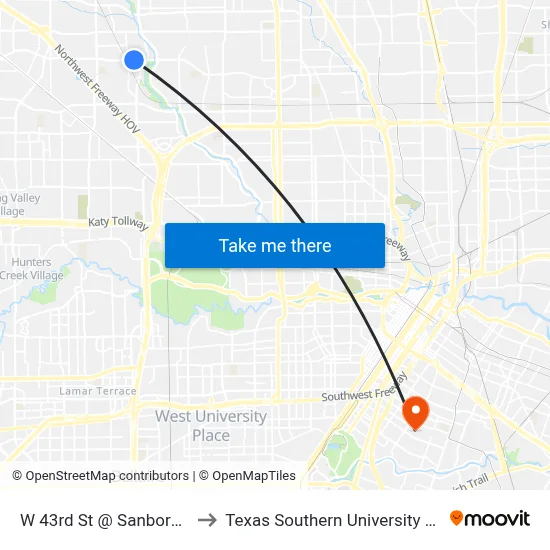W 43rd St @ Sanborn Dr to Texas Southern University REC map