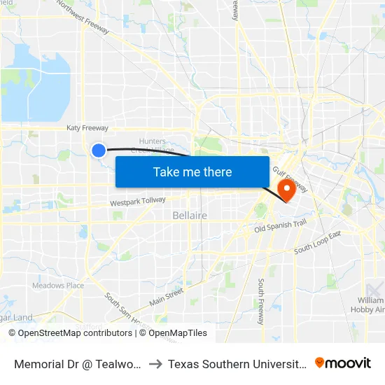 Memorial Dr @ Tealwood Dr to Texas Southern University REC map