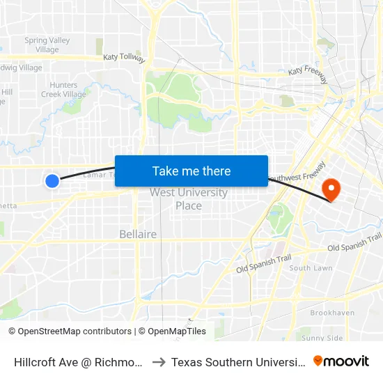 Hillcroft Ave @ Richmond Ave to Texas Southern University REC map