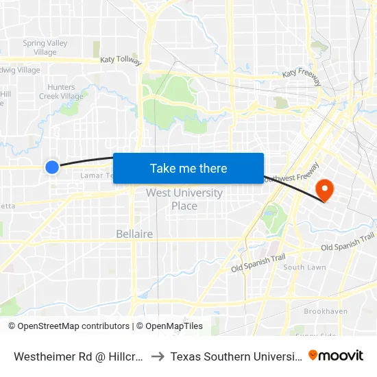 Westheimer Rd @ Hillcroft Ave to Texas Southern University REC map
