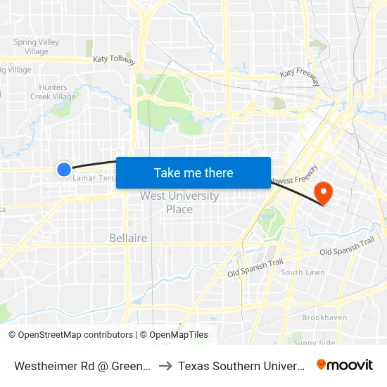 Westheimer Rd @ Greenridge Dr to Texas Southern University REC map