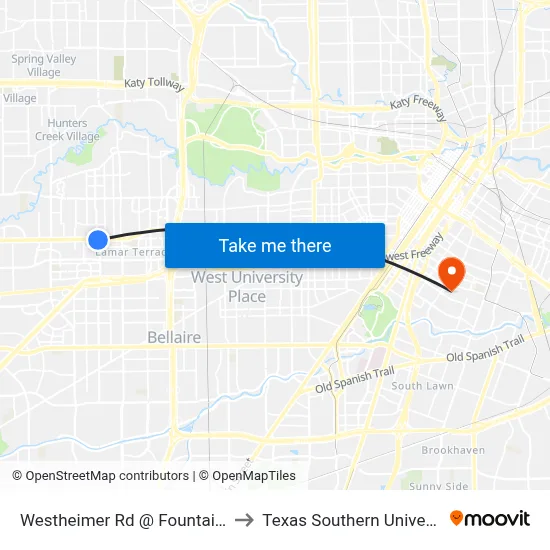 Westheimer Rd @ Fountain View Dr to Texas Southern University REC map