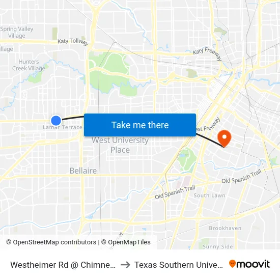 Westheimer Rd @ Chimney Rock Rd to Texas Southern University REC map
