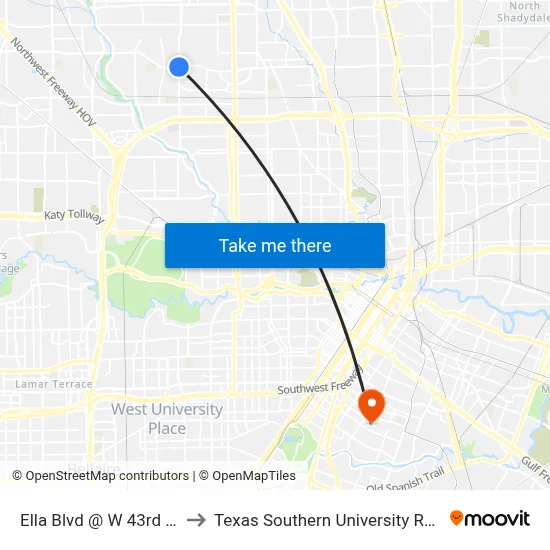 Ella Blvd @ W 43rd St to Texas Southern University REC map