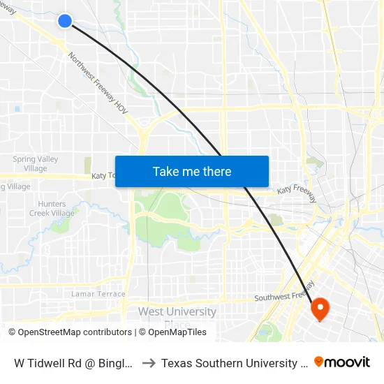 W Tidwell Rd @ Bingle Rd to Texas Southern University REC map