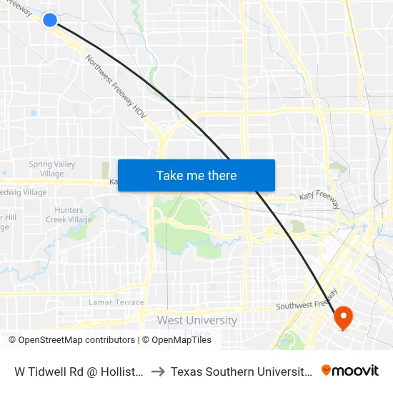 W Tidwell Rd @ Hollister Rd to Texas Southern University REC map