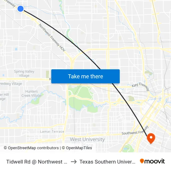 Tidwell Rd @ Northwest Freeway to Texas Southern University REC map