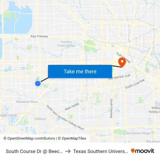 South Course Dr @ Beechnut St to Texas Southern University REC map