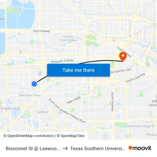 Bissonnet St @ Leawood Blvd to Texas Southern University REC map