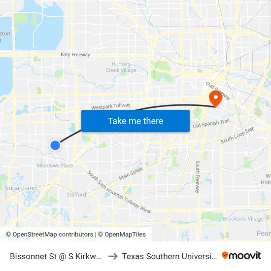 Bissonnet St @ S Kirkwood Rd to Texas Southern University REC map